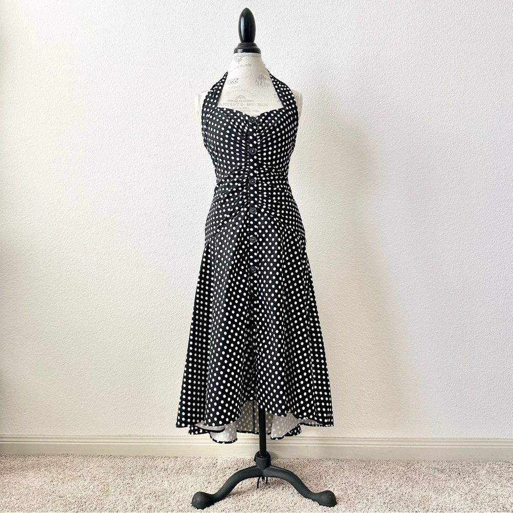 Anthropologie Maeve Halter Ruched Midi Dress in Black Polka Dot Size 4 - Picture 3 of 9